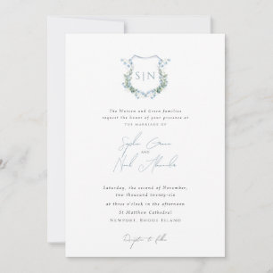 Modern Floral Monogram Crest Formal Wedding Invitation