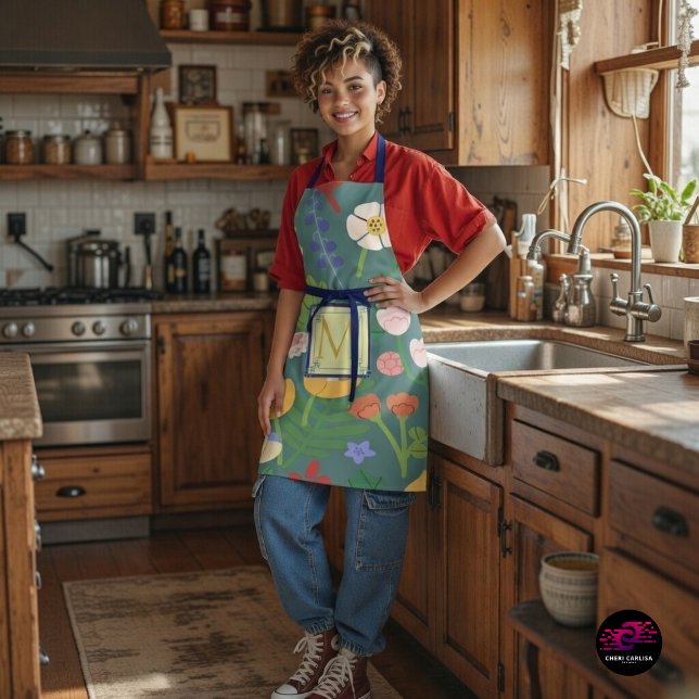 Modern Floral Monogram Design Apron (Floral drama. Centered initial. Chef energy activated.)