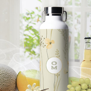 Modern Floral Monogram Light Yellow Green Large Water Bottle
