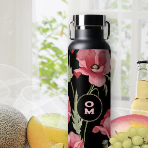 Modern Floral Monogram Pink Black Large Poppy Water Bottle