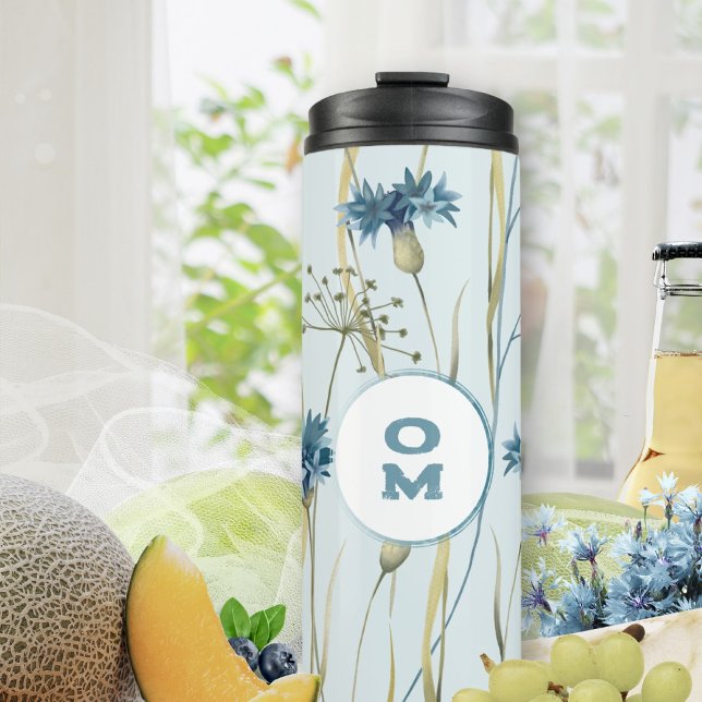 Modern Floral Monogram Soft Blue Cornflowers  Thermal Tumbler (Soft Blue Cornflower Chic Thermal Tumbler ©Susanne Sachers - Sunny Mind 🌞)