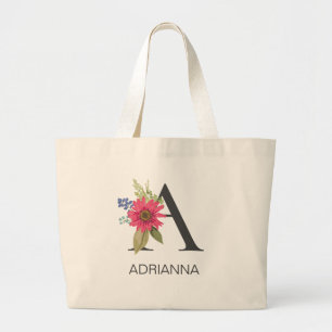 Modern Floral Monogrammed Letter A Large Tote Bag