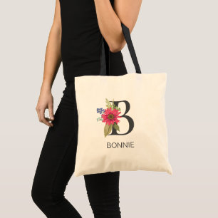 Modern Floral Monogrammed Letter B Editable Tote Bag
