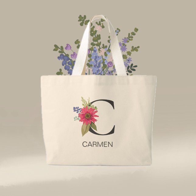 Modern Floral  Monogrammed Letter C  Large Tote Bag (Creator Uploaded)