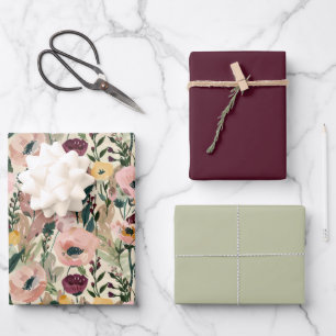 Modern Floral Moody Burgundy & Sage Christmas Wrap Wrapping Paper Sheet