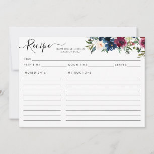 Modern Floral Navy Blue Burgundy Red Recipe Card