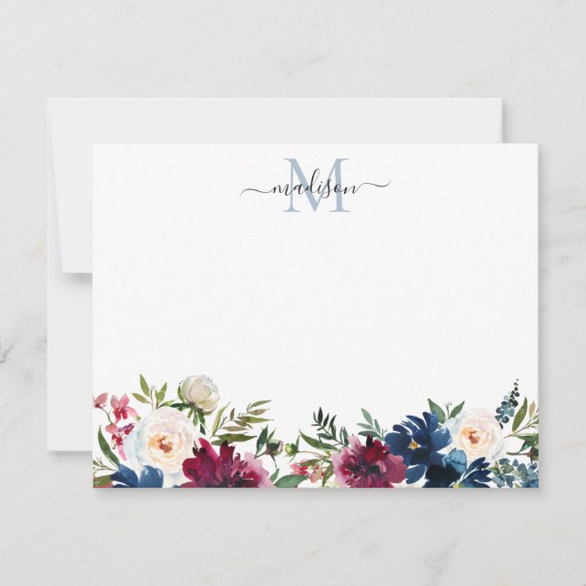Modern Floral Navy Blue Burgundy Red Rose Monogram Card (Front)