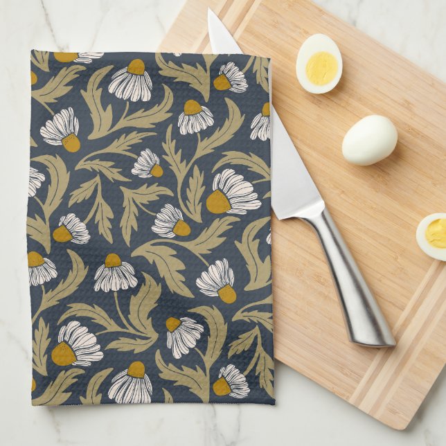 Modern Floral Navy Blue Coneflower Daisy Botanical Tea Towel (Quarter Fold)