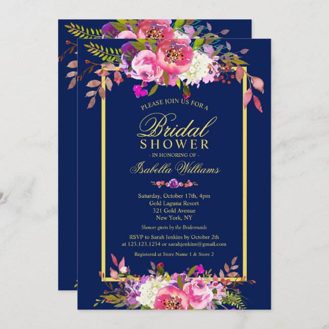 Modern Floral Navy Blue Gold Bridal Shower Invitation (Front/Back)