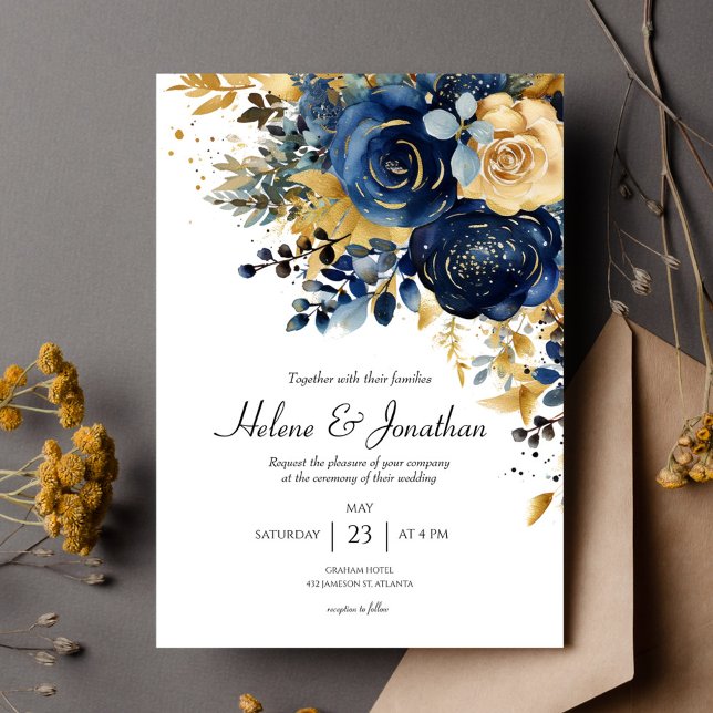 Modern Floral Navy Blue Gold Elegant Wedding Invitation (Modern Floral Navy Blue Gold Wedding Invitation)