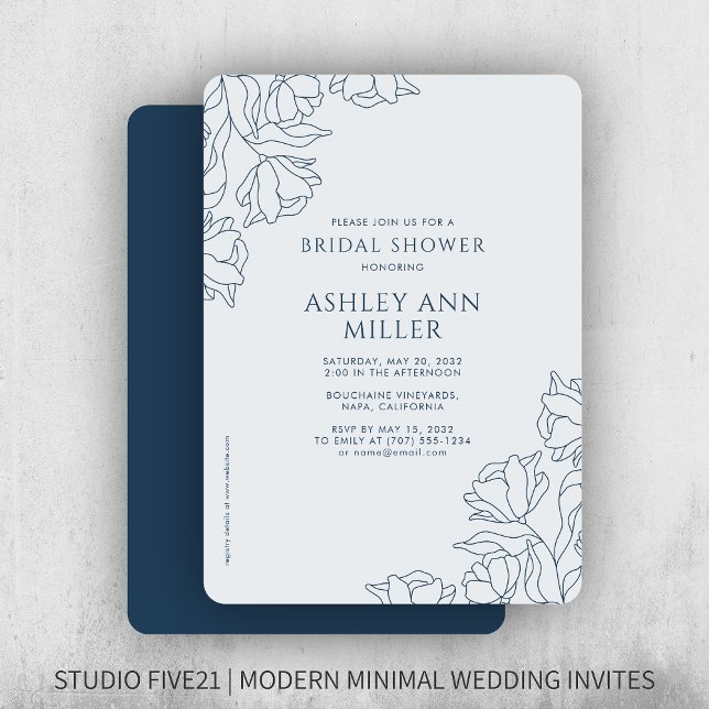 Modern Floral Navy Blue Wedding Bridal Shower Invitation (Creator Uploaded)