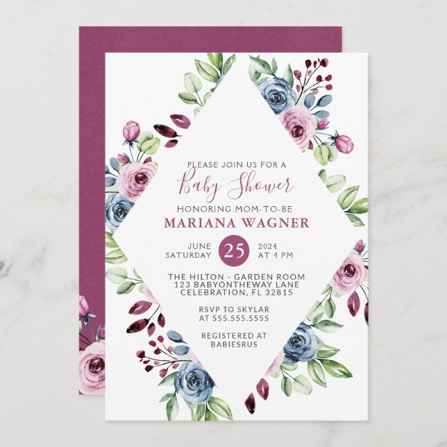 Modern Floral Navy Burgundy Baby Shower Invitation (Front/Back)