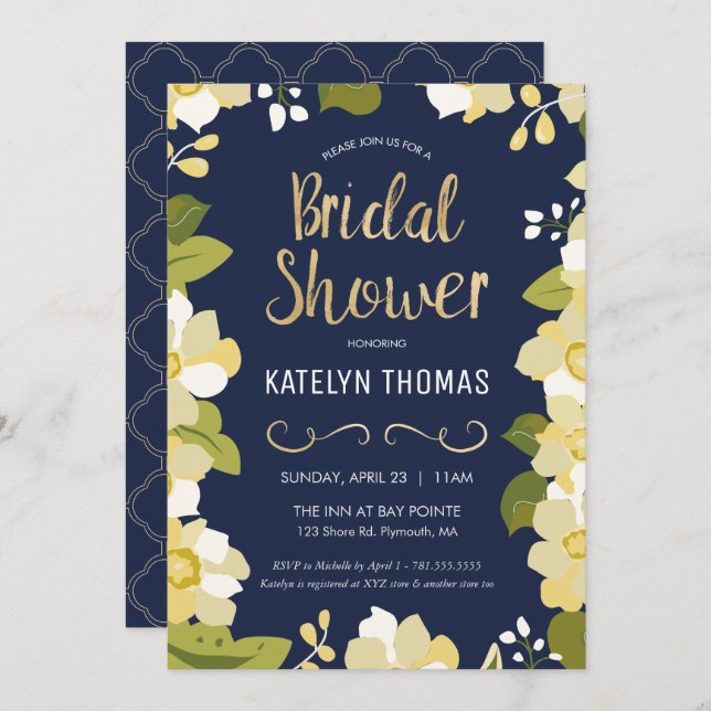 Modern Floral Navy & Gold Bridal Shower Invitation (Front/Back)
