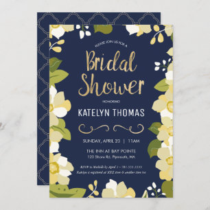 Modern Floral Navy & Gold Bridal Shower Invitation