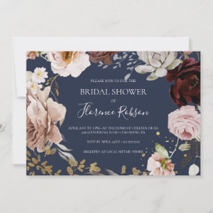Modern Floral   Navy Horizontal Bridal Shower Invitation