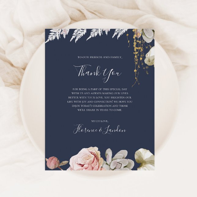Modern Floral | Navy Thank You Reception Card (Creator Uploaded)