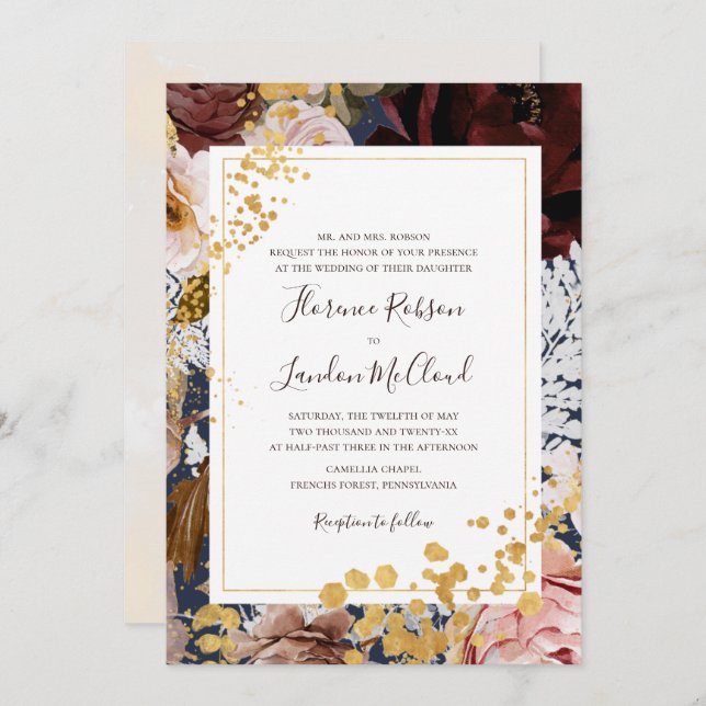 Modern Floral Navy Traditional Frame Wedding Invitation (Front/Back)