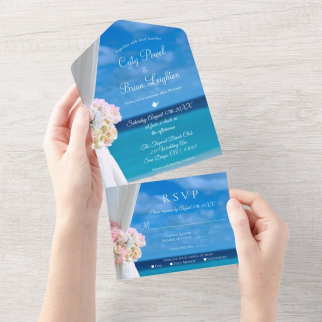 Modern Floral Ocean Beach Summer Wedding All In One Invitation (Tearaway)