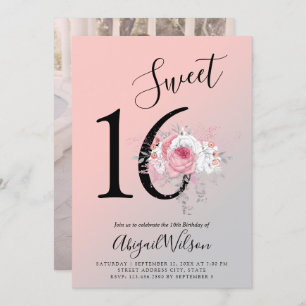 Modern floral ombre sweet sixteen birthday party invitation
