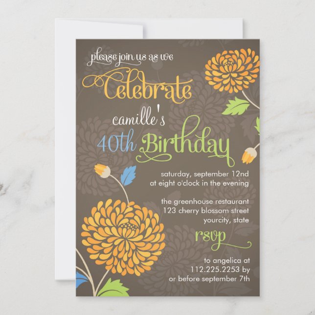 Modern Floral Orange & Brown Fancy Birthday Party Invitation (Front)
