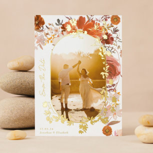 Modern Floral Oval Photo Save The Date Gold