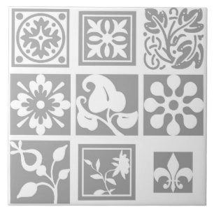 Modern, floral patchwork, white, light grey ceramic tile