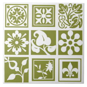 Modern, floral patchwork, white, olive green ceramic tile