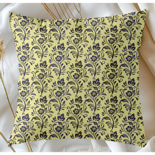 Modern Floral Pattern Blue Black On Chartreuse Cushion
