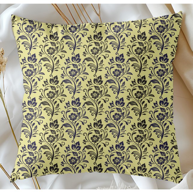 Modern Floral Pattern Blue Black On Chartreuse Cushion (Creator Uploaded)