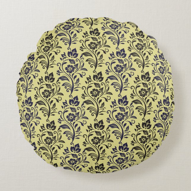 Modern Floral Pattern Blue Black On Chartreuse Round Cushion (Front)