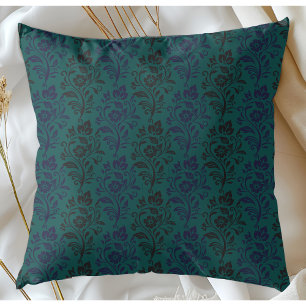 Modern Floral Pattern Blue Black On Teal Cushion