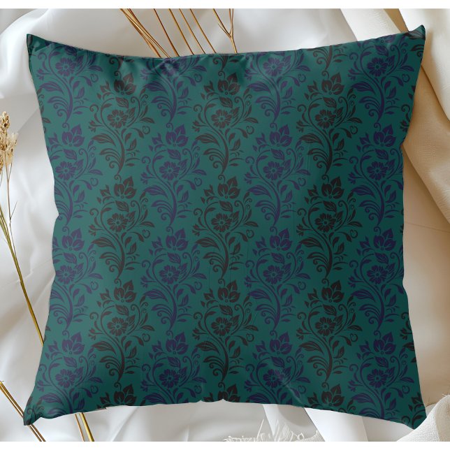 Modern Floral Pattern Blue Black On Teal Cushion (Creator Uploaded)