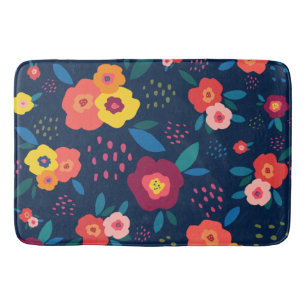 Modern Floral Pattern Blue Coral Yellow Botanical Bath Mat