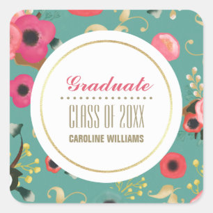 Modern Floral Pattern Custom Graduation Square Sticker