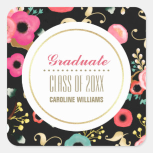 Modern Floral Pattern Custom Graduation  Square Sticker