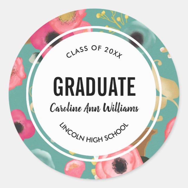 Modern Floral Pattern Graduation  Classic Round Sticker (Front)