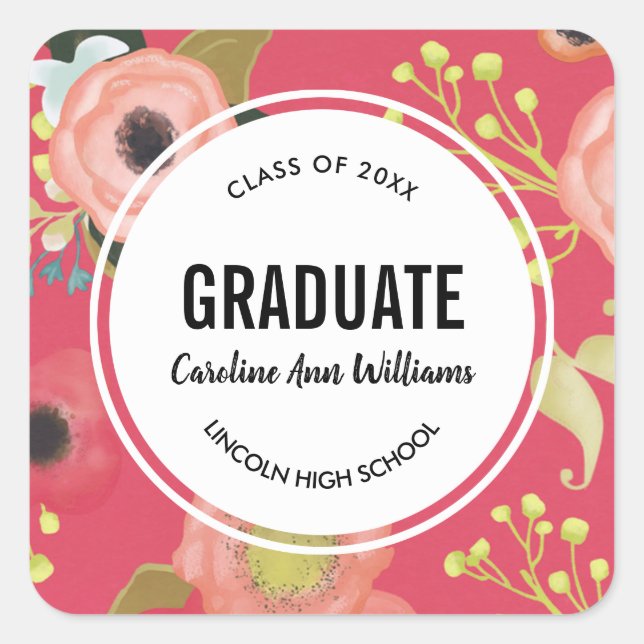 Modern Floral Pattern Graduation  Square Sticker (Front)