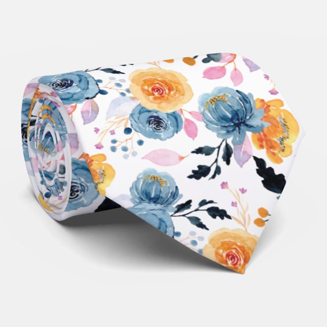 Modern Floral Pattern In Blue, Orange and Pink Tie (Rolled)