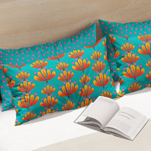 Modern Floral Pattern in Turquoise and Orange Pillowcase