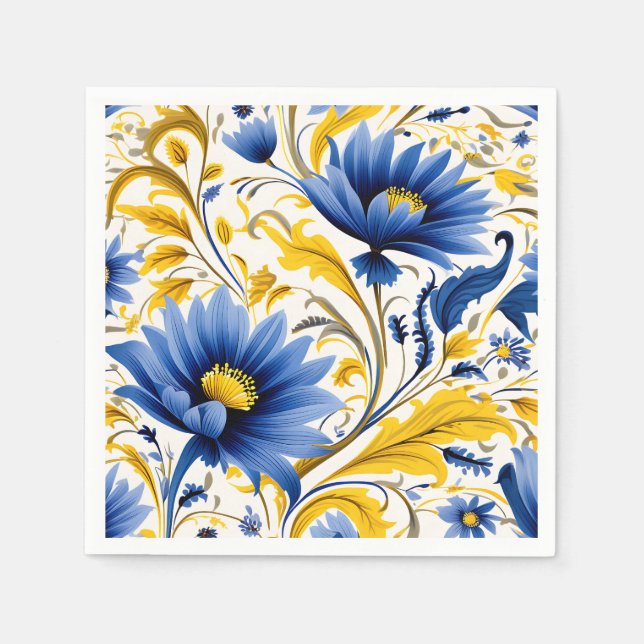 Modern Floral Pattern with Flowing Blue and Yellow Napkin (Front)