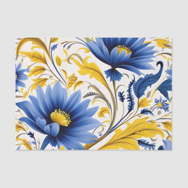 Modern Floral Pattern with Flowing Blue and Yellow Tissue Paper (Front)
