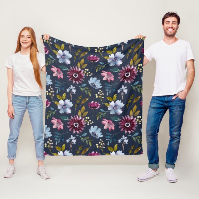 Modern floral pattern with navy blue background fleece blanket (In Situ)