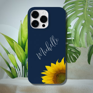 Modern Floral Peeking Sunflower Navy Blue Case-Mate iPhone 14 Pro Max Case