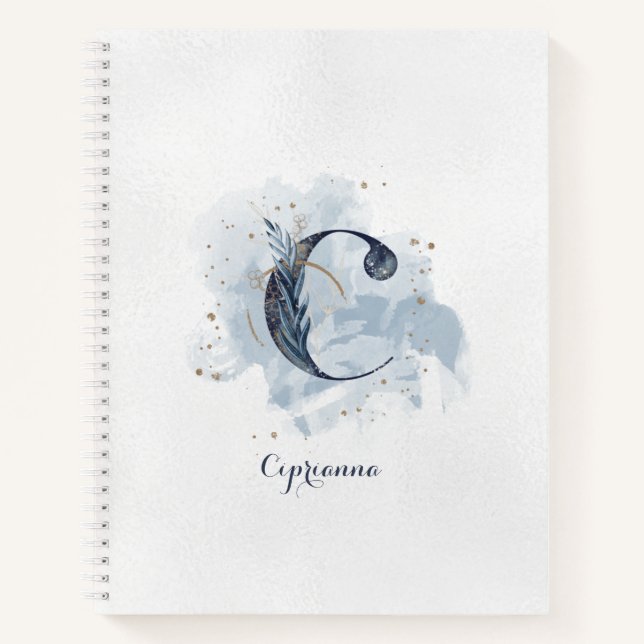 Modern Floral Personal Monogram Letter C Blue Gold Notebook (Front)