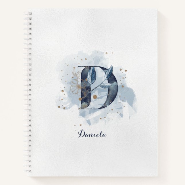 Modern Floral Personal Monogram Letter D Blue Gold Notebook (Front)