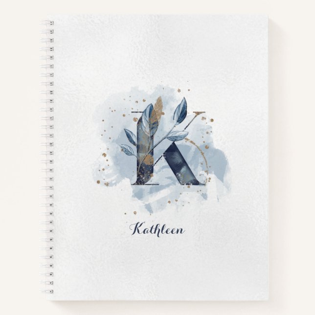 Modern Floral Personal Monogram Letter K Blue Gold Notebook (Front)