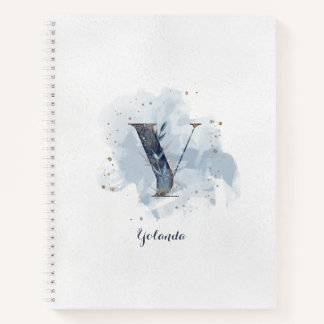 Modern Floral Personal Monogram Letter Y Blue Gold Notebook
