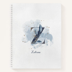 Modern Floral Personal Monogram Letter Z Blue Gold Notebook