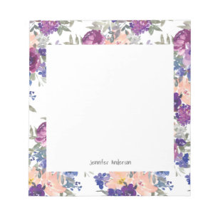 Modern Floral Personalise Name Mauve Peach Blue Notepad