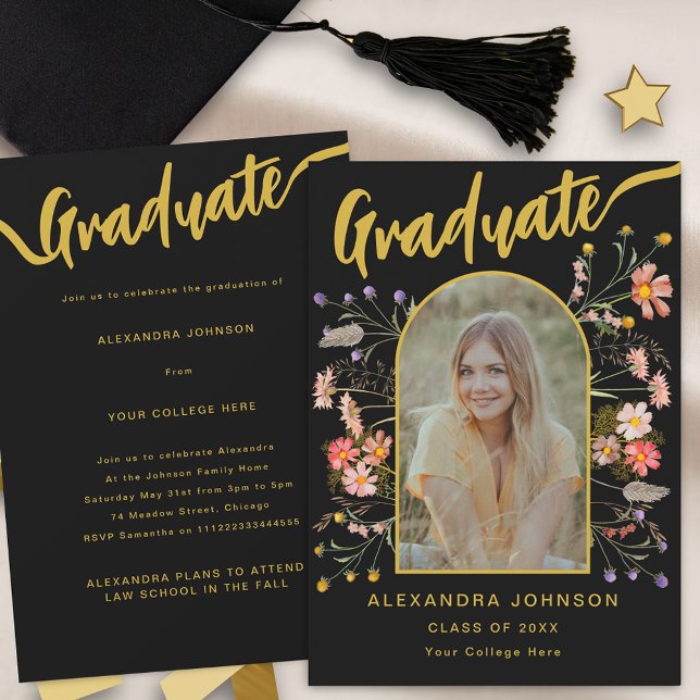 Modern Floral Photo Graduation Announcement Party (Modern photo arch wildflower graduation announcement party invitation elegant gold script)
